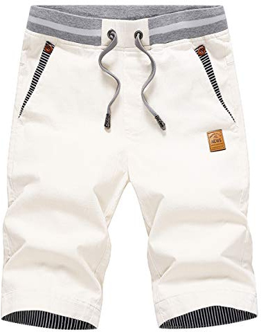 JustSun Mens Summers Cotton Casual Shorts Elastic Waist Pockets White Small
