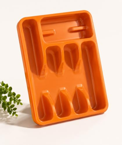 ECO Plastic Large Cutlery Drawer Organiser | 6 Compartment Cutlery Tray for Drawers | Multi Color Cutlery Trays for Kitchen Drawers | Kitchen Drawer Organiser for Forks, Spoons & Knives (Orange)