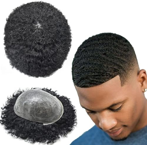 LYRICAL HAIR Afro Toupee For Black Men 360 Afro Wavy Toupee Human Hair Replacement Systems Full Poly Thin Skin Injection African American Men Wig Kinky Curly Hair Unit 1# JET BLACK-10MM