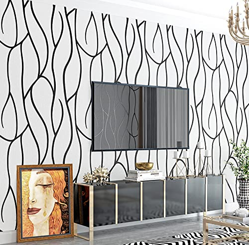 Rouleau de papier peint non tissé texturé à motif géométrique moderne abstrait brillant de 9,5 x 0,53 m - 6 couleurs - Pour chambre à coucher, salon - 5,035 m² - Blanc noir