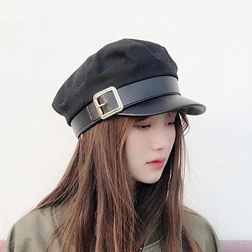 oonui Baskenmütze Damen Frauen Schwarze Militärhüte Herbst Winter Pu Leder Patchwork Ballonmützen Mit Gürtel Weibliche Gorras,Schwarz,6 7/8-7 1/8