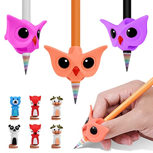 Vicloon Impugnature Matite Bambini, 3Pcs Scrittura Impugnatura in Silicone, Scrittura Strumento Correzione Matita Grip per Studenti, Impugnature per Matite con 6Pcs appucci per penne per Cartoni