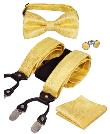 Alizeal Herren Paisley Muster Fliege und Hosenträger, Einstecktuch, Manschettenknöpfe Set-golden