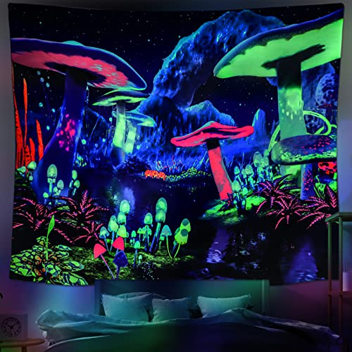 Dremisland Schwarzlicht Pilz Wandteppich Psychedelischer UV Reaktives Galaxie Tapisserie Wand Wandtuch Pflanze Landschaft Wandteppich Sternenhimmel Wandbehang für Schlafzimmer Heim Dekoration