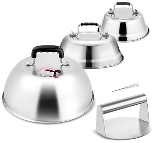 3Pcs Basting Cover & Smash Burger Press, Leonyo 12- 9- 6.5 Cheese Melting Dome, Stainless Steel Bacon Press Griddle Dome Steam Lids Smash Burger Kit for Kitchen, BBQ Flat Top Grill, Teppanyaki