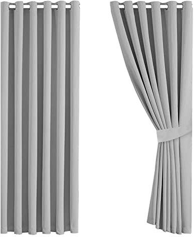 Aspire Homeware Blackout Curtains 90x90 - Light Grey Eyelet Curtains for Bedroom Super Soft & Energy Saving Privacy Protection Thermal Insulated Living Room Curtain with Tiebacks, Pair Panel