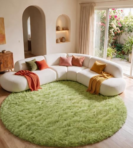 MARATIP Teppich Wohnzimmer Grün Ø 120 cm Flauschig Weich | Hochflor-Teppich, waschbar, rutschfest, weich. Perfekt für Schlafzimmer, Esszimmer und Kinderzimmer.