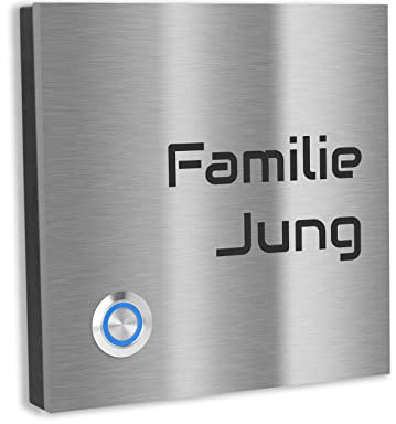 Jung Edelstahl Design Türklingel Lünen - Klingel V2A Edelstahl - incl. Gravur - LED Taster wählbar - Aufputz/Unterputztürklingel (Edelstahl, 12x12 cm)