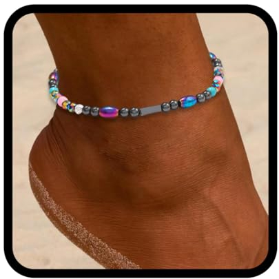 Handcess Boho Fußkettchen Damen Fussketten Bunte Perlen Fußkettchen Elastisch Fußschmuck für Frauen und Mädchen (SchwarzB)