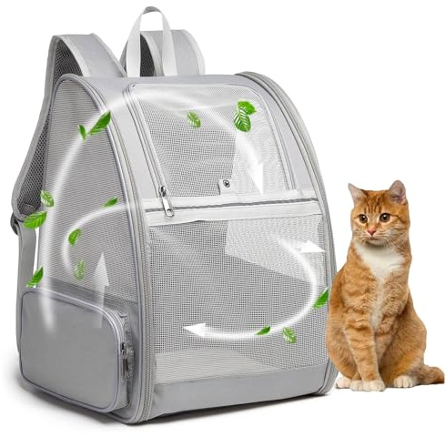 Hykiee Hunderucksack Katzenrucksack, Haustier Rucksack für Kleine Hunde Welpen bis 6kg Katzenbis 8kg, Atmungsaktive und Faltbar Transportbox mit Fenster und Innerer Sicherheitsleine Wandern, Hellgrau