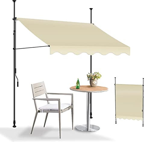 REALN Sonnenschutz Balkon ohne Bohren mit Kurbel, Klemmmarkise, Gelenkarm Markise Wasserdicht für Terrasse, Türen, Fenster, Decks, Veranda, Hinterhof, Garten (Color : Beige-A, Size : 3m/118in)
