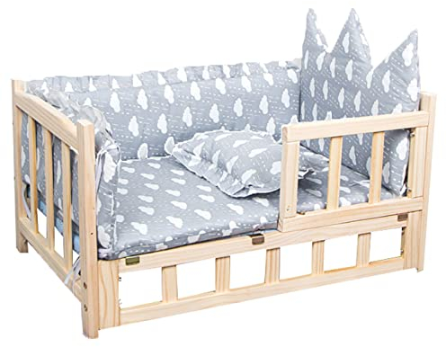 MObyat Haustierbett Hundebett aus Holz, Haustierbett mit Kopfstütze, winterwarmes Hundebett mit Geländer und Treppe, Katzenbett, abnehmbare und waschbare Haustiermöbel Hundebett