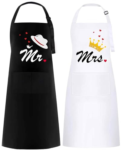 umboom 2 Pack Mr & Mrs Schürze, Lustige Paar Hochzeits Geschenk, Weiß Schwarz Schürze für Brautpaar, Herren Frauen Geschenk für Valentinstag, Verlobung, Jahrestag, Weihnachten (Bowlerhat & Crown)