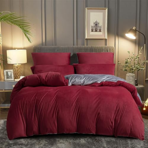 DXHOME Winter Samt Bettwäsche 135x200cm Rot Weinrot Grau Warme Kuschelig Flauschig Coral Fleece Samt Wendebettwäsche Set Modern Bettbezug mit Reißverschluss + 1 Kissenbezug 80x80 cm