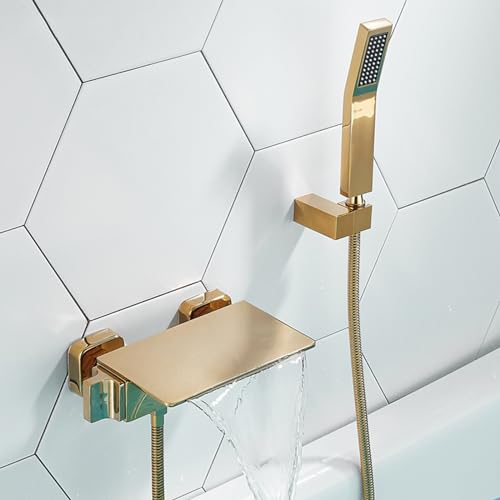 XJTNLB Wandmontage Mischbatterie Badarmatur Badewannenarmatur Wasserfall mit Handbrause Armatur Badewanne Dusche Gold