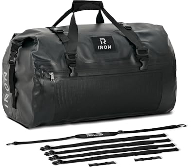 IRON JIA'S Bolsa Moto Impermeable de Viaje Con Cierre Superior Enrollable y Correas para los Hombros - Adecuada para Ciclismo, Camping, Deportes Acuáticos - Negro 70L