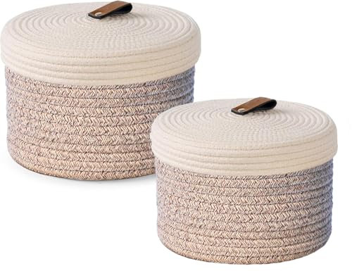 Juego de 2 cestas de almacenamiento de cosméticos con tapa, caja de almacenamiento de hilo de algodón natural, lavable, cesta decorativa de cuero, con asa de etiqueta