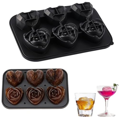 PTaizjjz Silikon-Eiswürfelform, 6 Mulden, Silikon-Herz- und Rosen-Eisform mit Abdeckungen, leicht zu lösen, Eiswürfelform für gekühlte Cocktails, Whiskey, Gefrierschrank, Saft