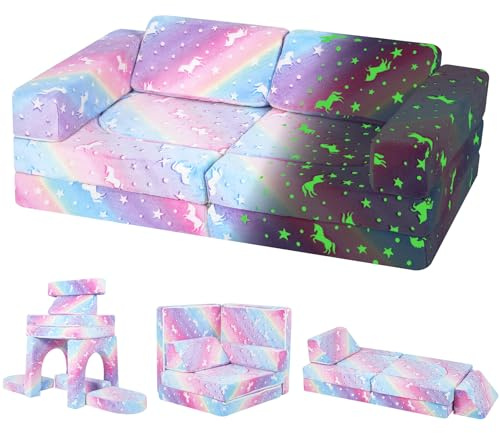MeMoreCool 10-Piece Kids Couch Sofa, Modular Toddler Couch Glow Sofa Bed for Bedroom, Fold Out Foam Couch for Girl Boy, Rainbow