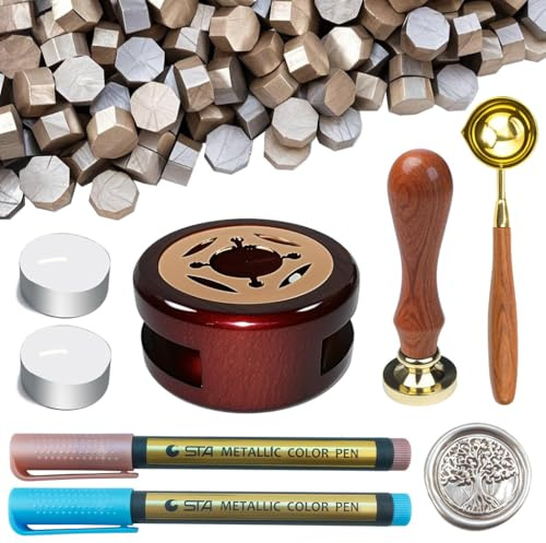 Tomgenrine Wachssiegel-Set – Inklusive 500 Wachsperlen, Siegelstempel, Wachsschmelzer, Löffel, Teelichter & Metallstifte – Ideal für Hochzeitseinladungen und DIY-Bastelprojekte(Champagner Gold Kit）
