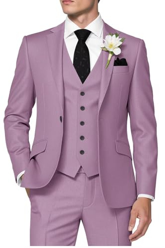 HUUTOE Trajes de 3 piezas para hombre, ajuste delgado, trajes de boda para hombre, vestido de graduación, traje de verano, chaqueta, chaleco, pantalones, esmoquin para hombre, Lila, X-Small