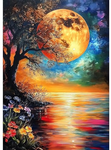 MEIYUDA Diamond Painting Luna, 5D Diamond Painting Kit Completo Notte sul lago, 5D Pittura Diamante Painting Kit Ricamo a Punto Croce Artigianale Per La Decorazione Della Parete Di Casa 30x40cm