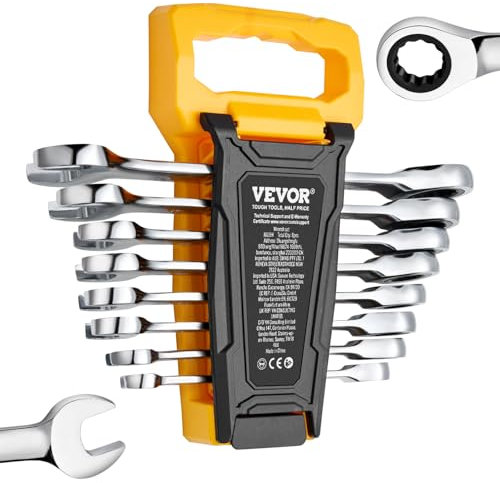 VEVOR Combination Wrench Set, 8-Piece Ratcheting Wrench Set with Organizer Rack, Cr-V Steel Wrench Set Metric 8 mm to 19 mm, Ideal for General Household, Garage, Workshop, Auto Repairs, Emergency