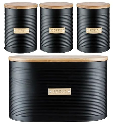 Typhoon Otto Kitchen Storage Canister Set, Black Metal with Bamboo Lids, Tea Coffee Sugar Containers and Bread Bin (Black Set of 4)