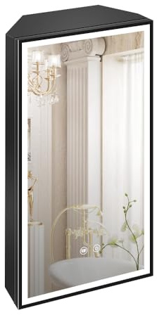 Janboe Corner Medicine Cabinet with Light,3 Colors,Dimmable,Demister,USB Shaver Socket,Brush Aluminum Framed,13.8×27.5inch