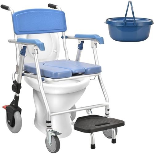 Toilettenstuhl Duschstuhl Mit Rollen, 4-In-1-Toilettenstühle Klappbar Für Senioren, Toilettenstuhl Fahrbar Aluminium Für Patienten Senioren Behinderte Und Schwangere, Bis 150 Kg Belastbar