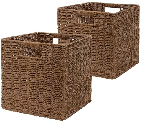 Aluusy Set di 2 Cesto Portaoggetti Intrecciato, Cesto in Vimini Pieghevole in Carta di Giacinto d'acqua, Cestino Intrecciato Quadrato 28x28x28cm, Cestino per Scaffale Kallax Bagno