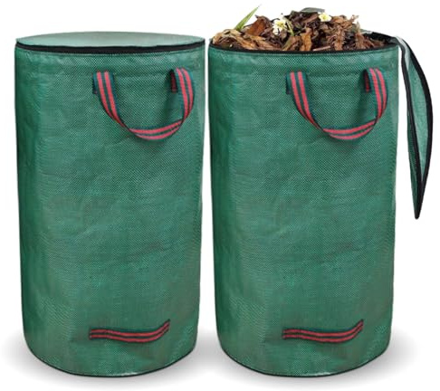 Trädgårdsavfallspåse 120 l x 2, trädgårdspåse lövsäck med lock, trädgårdspåsar grönavfall, vattentät, vikbar, återanvändbar, robust, gräspåse med handtag, behållare för trädgårdsavfall, ogräs, smuts