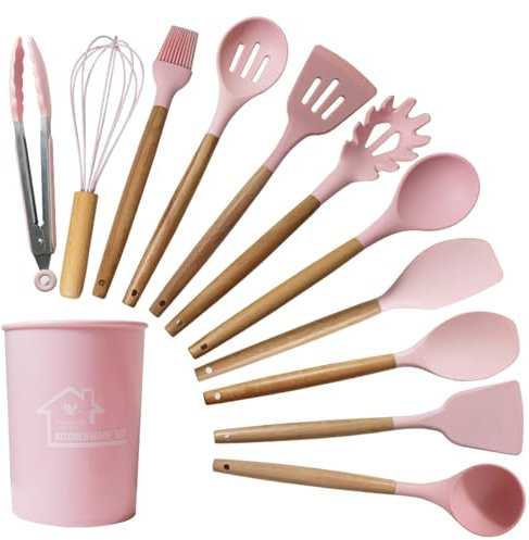 LfrXtra Herramientas Cocción Silicona Resistentes Calor 12x Espátulas Silicona para Cocinar Manijas Madera Gadget Cocina Cuchara Espátula