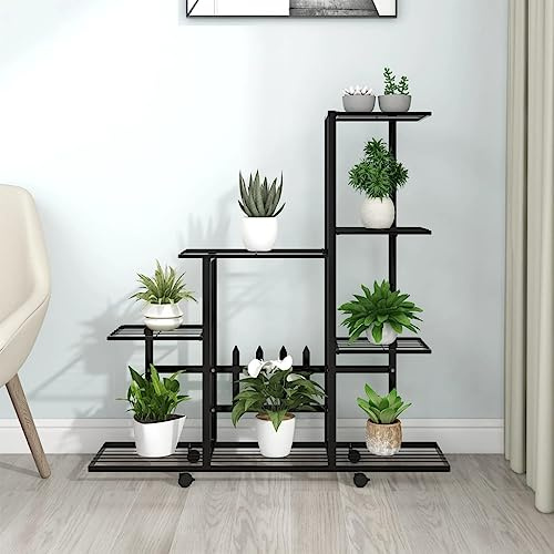Teenpull Blumenständer auf Rollen, 94,5x25x92,5 cm, Schwarz Metall, Indoor Outdoor Pflanzenregal, Garten Pflanzen Ständer, Deko Regal für Blumen