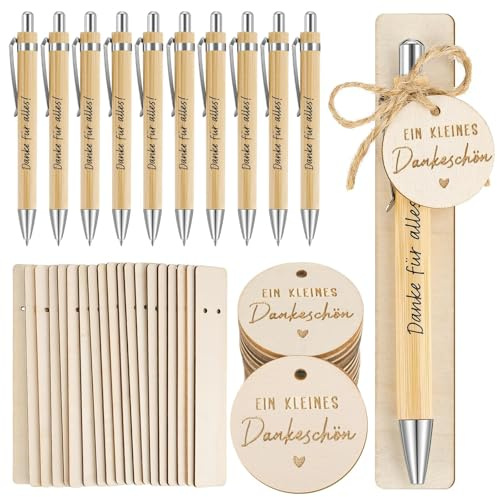 Ruryxel Lot de 20 Stylos à Bille Rétractables, Stylos à Bille en Bois Réutilisables avec Pendentif, Corde, Planche en Bois, Cadeau de Remerciement, Cadeau d'adieu pour Collègues
