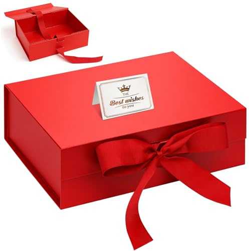 Samlior Geschenkbox 23x17x7cm, Geschenkkarton mit Magnetisch Deckel und Schleife Grußkarten, Geschenkboxen für Geburtstag Hochzeit Jubiläum Weihnachten- Rot