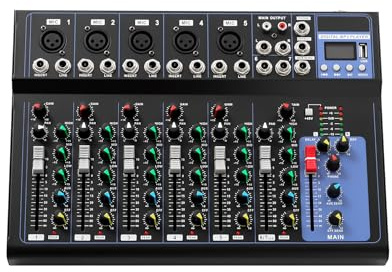 BAOCHADA Bluetooth Audio Mixer 7-Kanal Mischpult, Mini-Audio-DJ-Mixer Soundboard-Konsolensystem mit Frequenzüberwachung und 6 Musikmodi, Professioneller Mixer für Musikproduktionsstudios Bars
