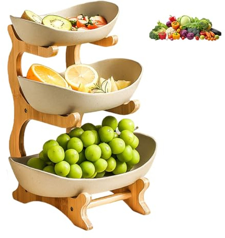 HIKENRI 3 Tier Fruit Basket,Vegetable Rack,Bread Basket,Wooden Rack PP Fruits Bowl Serving Tray,Vegetables Storage Racks For Kitchens Home,Office,Onion,Banana,Snack,Bedroom (Beige)