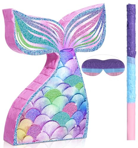 Pasimy Mermaid Piñata with Blindfold and Stick Mermaid Tail Piñata for Girls Under the Sea Ocean Theme Birthday Baby Shower Halloween Party Decorations Game Supplies, 16.14 x 12.20 Inch