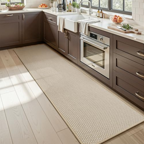 MontVoo Kitchen Runner Rug Non Slip Washable,Absorbent Kitchen Mats for Floor,Rubber Backing Braided Kitchen Floor Mat,Easy to Clean and Maintain Kitchen Mat(Beige,17x47)