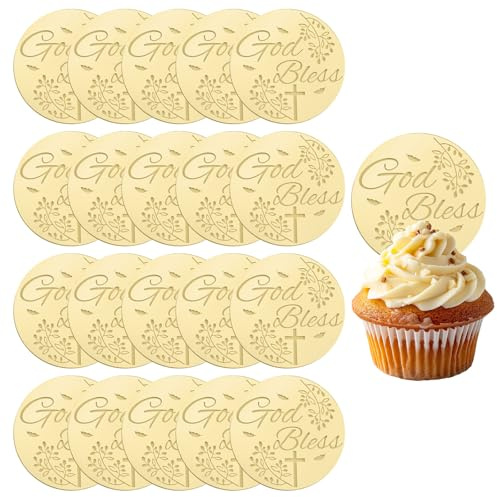 URROMA 20Pcs Gold Round Cupcake Toppers, God Bless Cake Topper for Baby Shower Christmas Christening Holy Communion Baptism Church Celebration Religious Decor