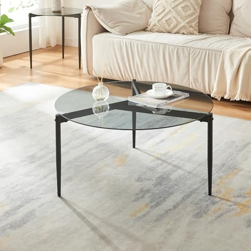 [en.casa] Mesa de Centro Ulökantaa con Tablero Circular de Cristal Ahumado Mesa Auxiliar para el Salón Mesa de Café con 3 Patas Acero Ø 80 x 4 cm - Gris