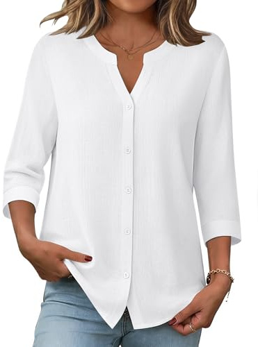 Zeagoo Womens Blouses Casual Linen Shirts Summer 3/4 Sleeve Trendy Button Down Tops Lady Cotton Beach Shirt White M