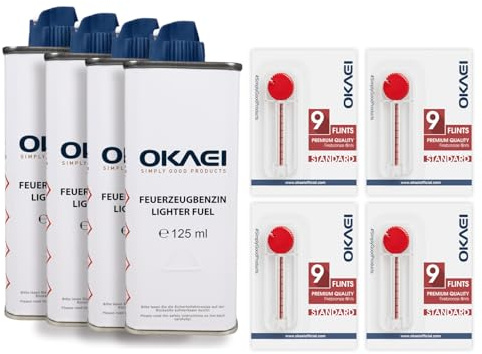 OKAEI Feuerzeugbenzin Set 4×125 ml + 4×9 Feuersteine - Vorratspack für Feuerzeuge - Hochreines Feuerzeugbenzin & universelle Flints – Schnelles Zünden, Geringer Geruch – Made in EU
