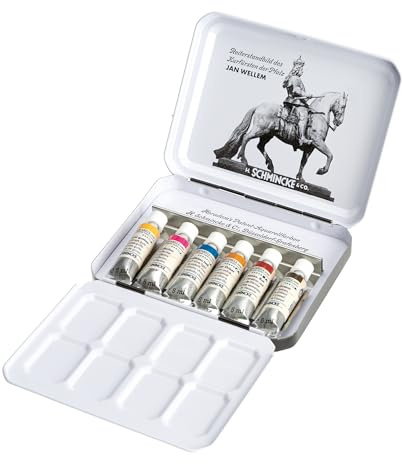 Schmincke – HORADAM Aquarell, Retro Metallkasten, Sonderedition Reiseset Jan Wellem, 6 x 5 ml Tuben, 3 Sondertöne, historisch, 74 673 097, feinste Künstler-Aquarellfarben