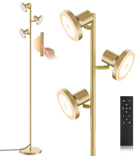 SIBRILLE Lampada da Terra Salotto 36W, 2500LM Piantana Lampada da Terra con Telecomando, 2700K-6500K Dimmerabile Lampade da Terra 3 Luci Individuale Controllo per Soggiorno, Lettura e Ufficio, Oro