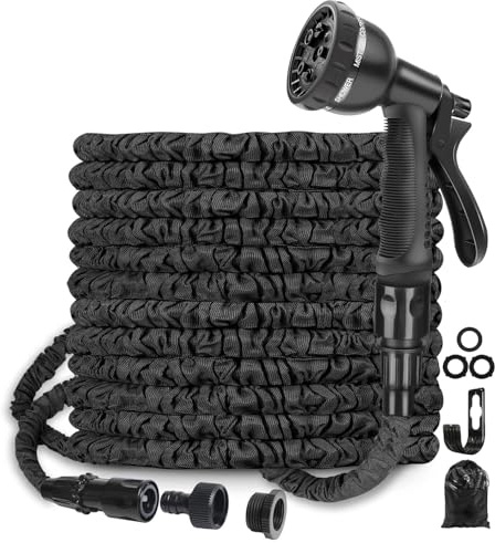 Flexibler Gartenschlauch 15m, Zauberschlauch von 5m auf 15m erweiterbar, inkl. 3/4&1/2 zoll Verbinder 8-Funktionen Sprühpistole, knickfest & leicht, Garden Hose für Gartenbewässerung & Reinigung