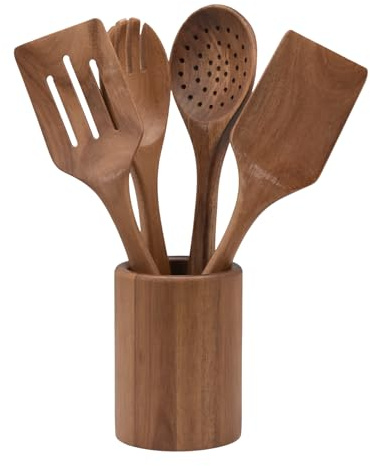 Zoha Küchenutensilien Set Holz 5-teilig - Handgefertigt aus Akazienholz - Kochbesteck Holz, Pfannenwender Holz Set, Holzlöffel Set, Küchenhelfer Holz, Wooden Utensil Set - Cooking Utensils