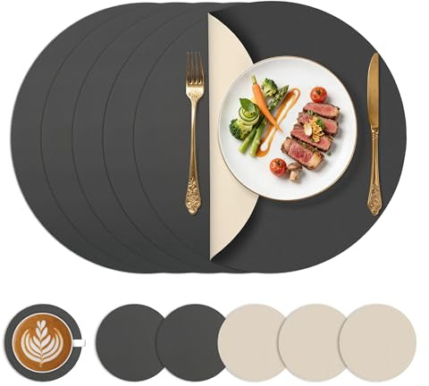 KitchenBoss Tovagliette Americane Ø 38cm Tovagliette Colazione con Sottobicchieri, Set di 6 Tovaglietta Colazione Rotonde Effetto Pelle Resistenti al Calore, Grigio Antracite + Beige