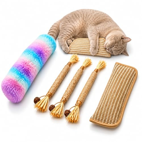 Chatterie DL Lot de 5 Jouets pour Chat – Coussin Grattoir à l’Herbe à Chat Naturelle, Sisal Naturel & Peluche Froissante – Jouets d’Intérieur à Mâcher, Griffer et Kicker | Anti-Ennui, Nettoyage Dents